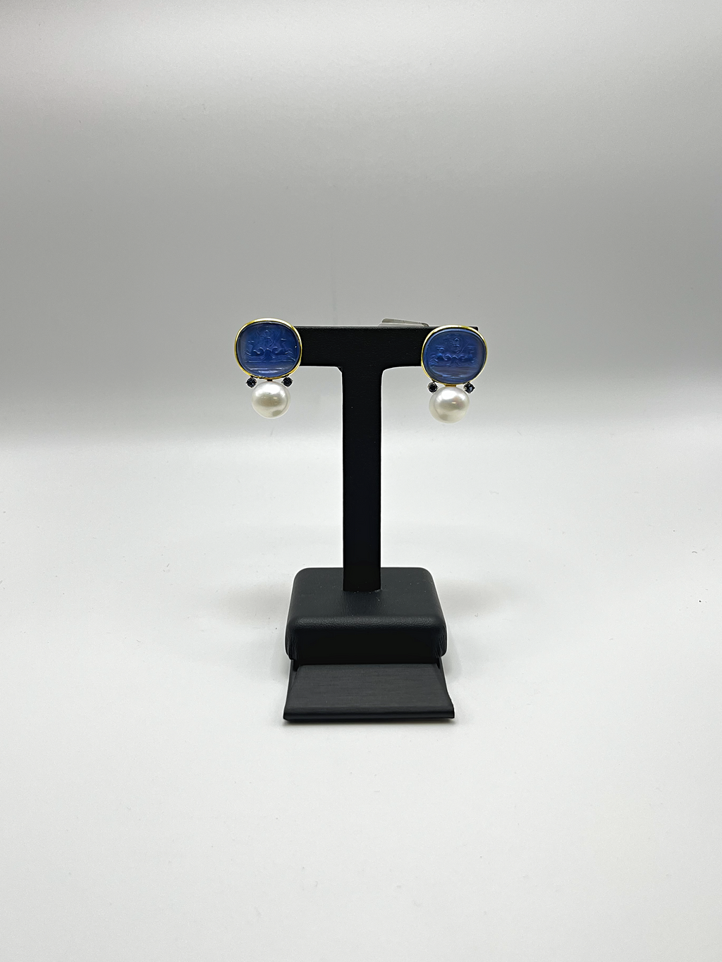 Handmade 18Kt Yellow Gold Blue Carved Murano Glass & Sapphire Drop Earrings by Gianni Sechini – 0.25 CT Sapphires
