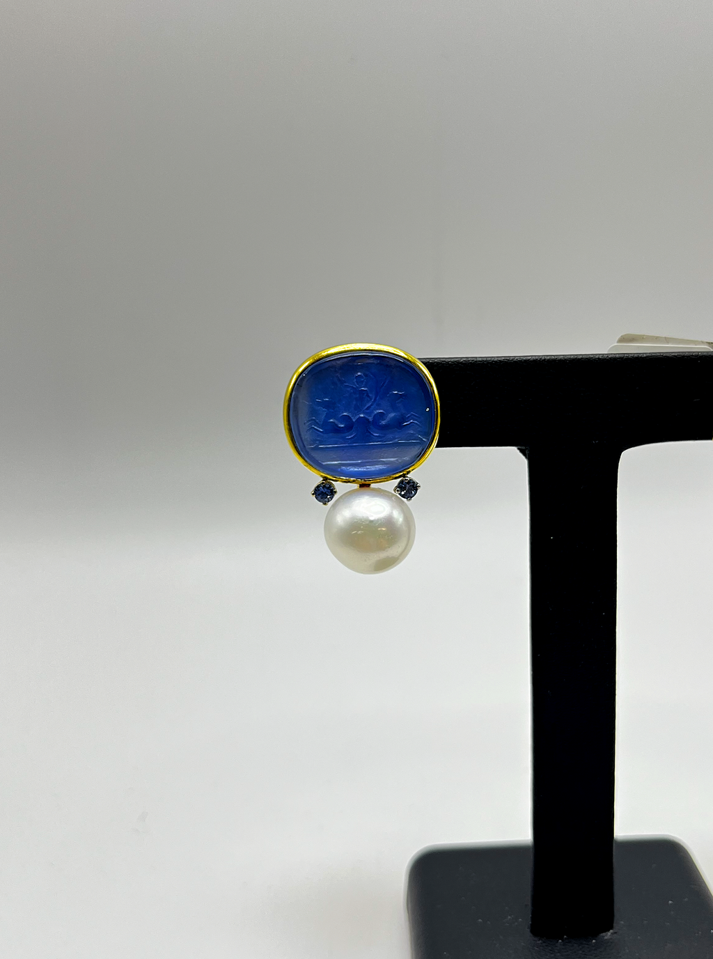Handmade 18Kt Yellow Gold Blue Carved Murano Glass & Sapphire Drop Earrings by Gianni Sechini – 0.25 CT Sapphires