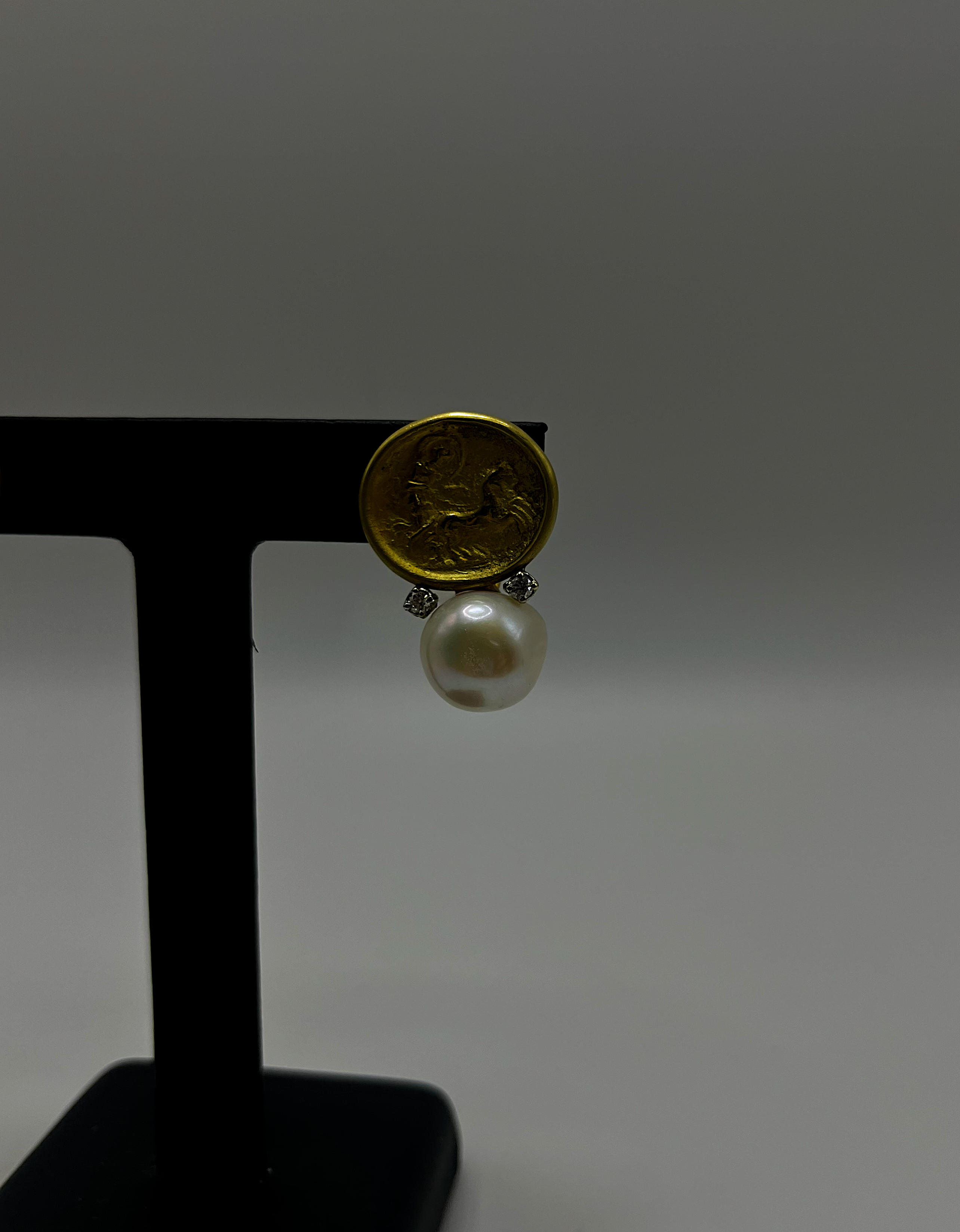 Handmade 18Kt Yellow Gold Intaglio & Baroque Pearl Drop Earrings by Gianni Sechini – 0.20 CT Diamonds