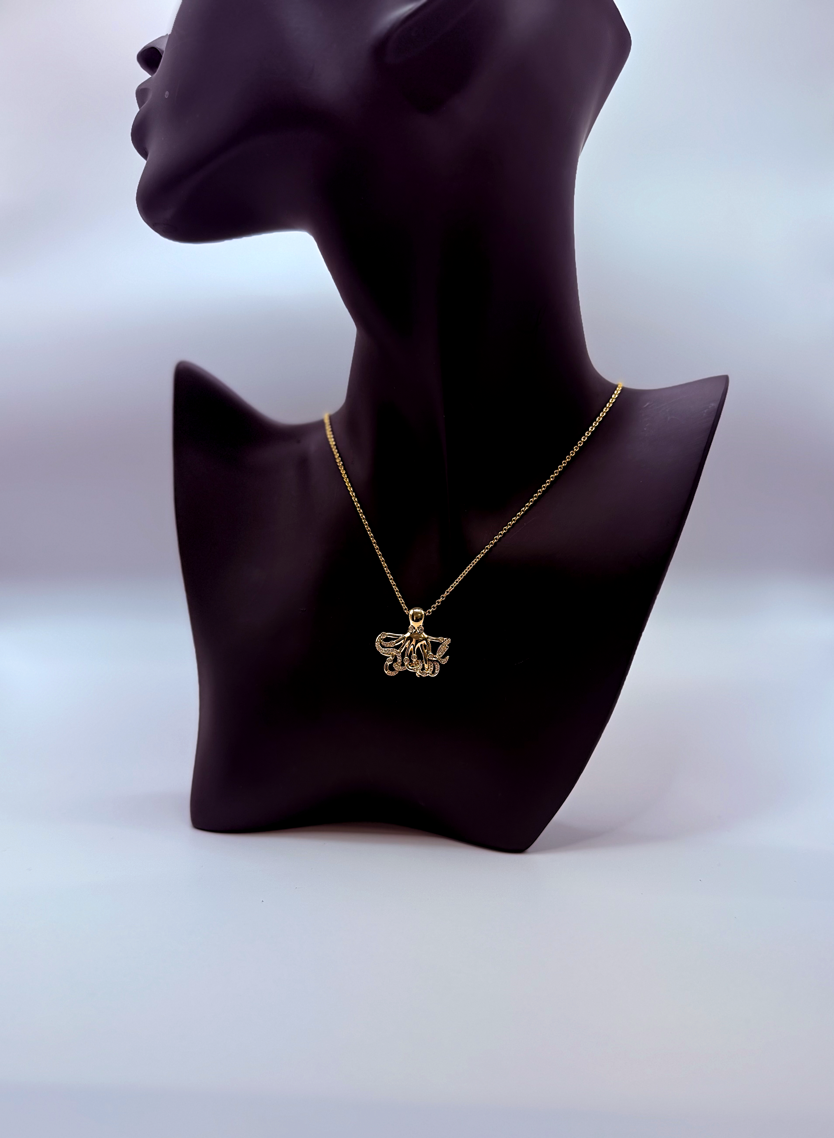 Handmade 14Kt Gold Pave Diamond Octopus Pendant Necklace by Gianni Sechini – 0.27 CT G/VS1 Diamonds
