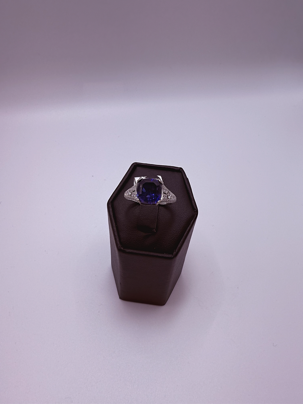 Handmade Platinum Art Deco Sapphire & Diamond Cocktail Ring by Gianni Sechini – 5.11 CT Center Sapphire + 0.79 CT Diamonds