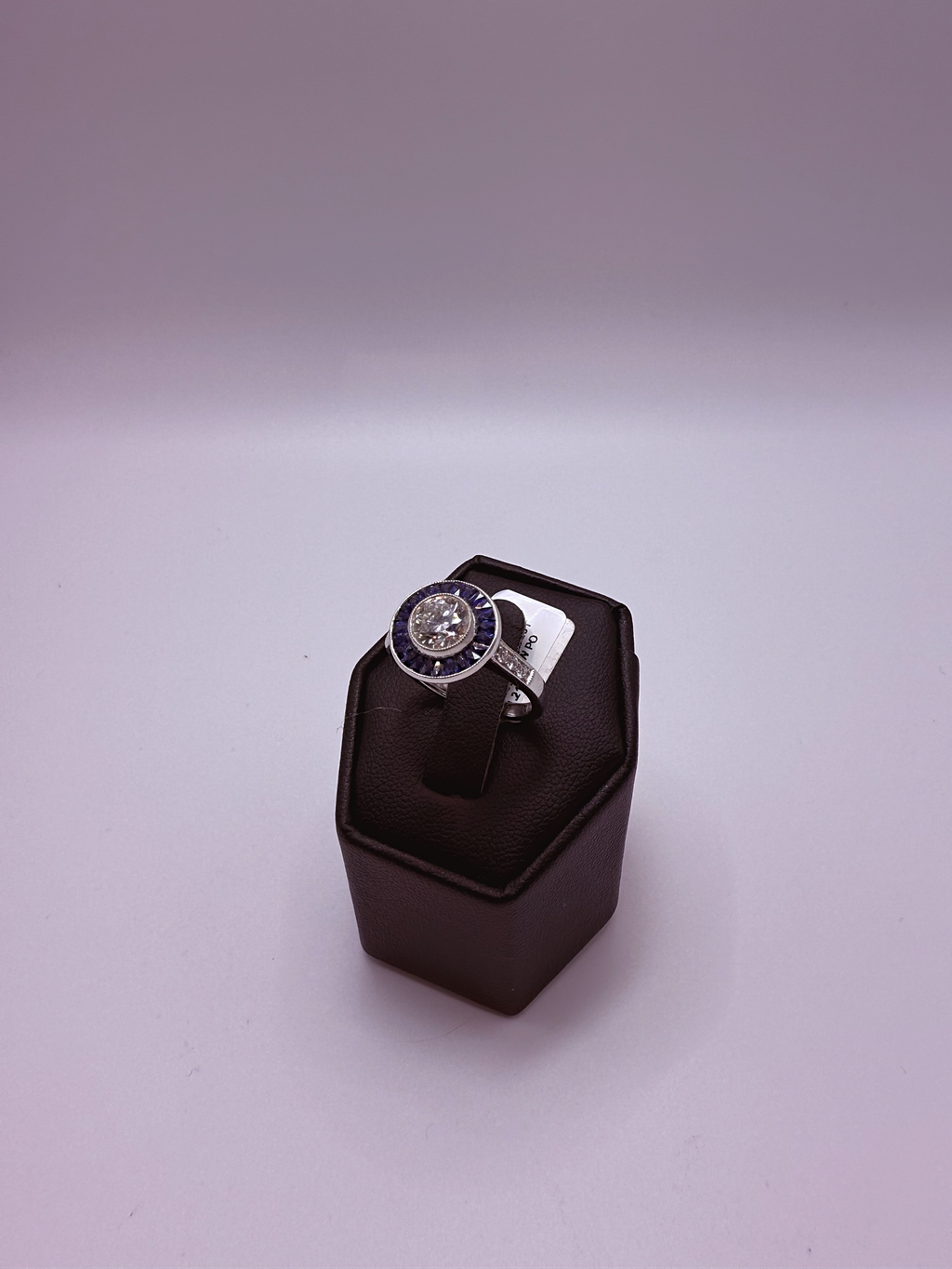 Handmade Art Deco 18Kt White Gold Diamond & Sapphire Halo Cocktail Ring by Gianni Sechini – 1.12 CT Center Diamond + 1.53 CT Side Gems