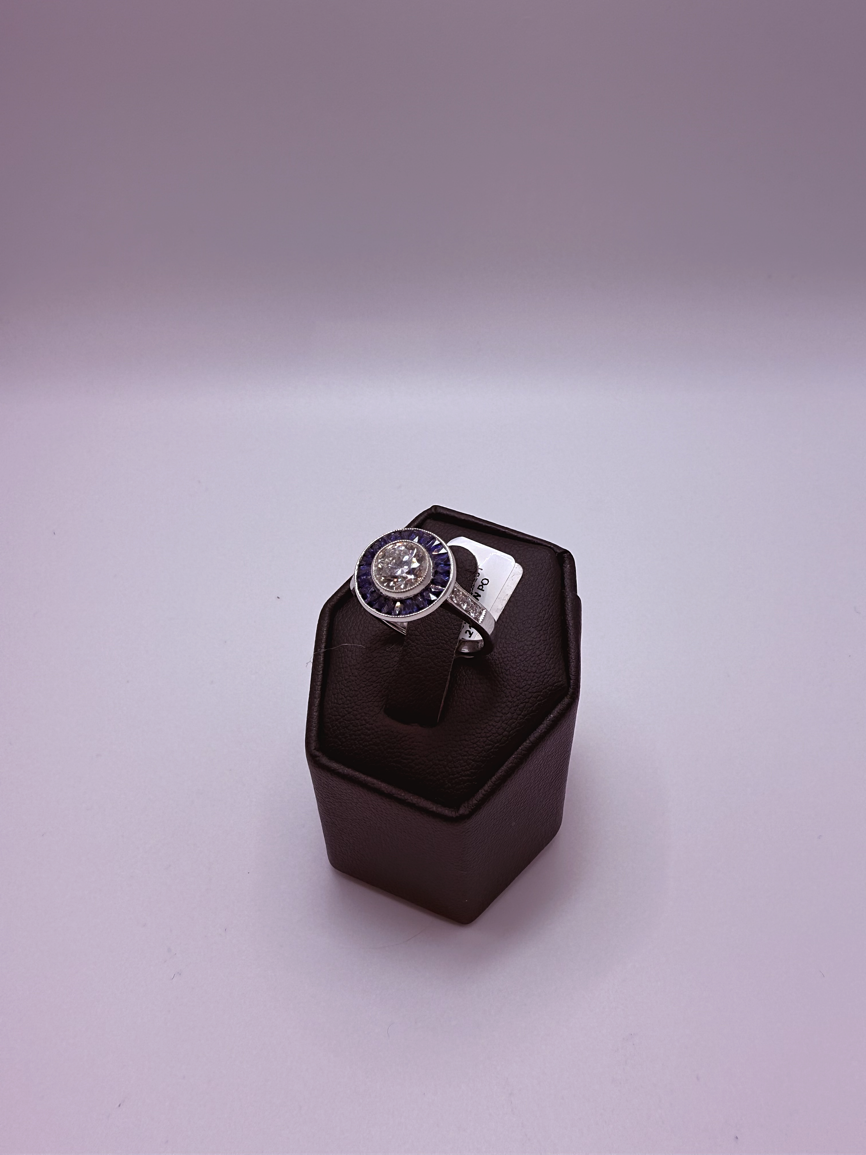 Handmade Art Deco 18Kt White Gold Diamond & Sapphire Halo Cocktail Ring by Gianni Sechini – 1.12 CT Center Diamond + 1.53 CT Side Gems