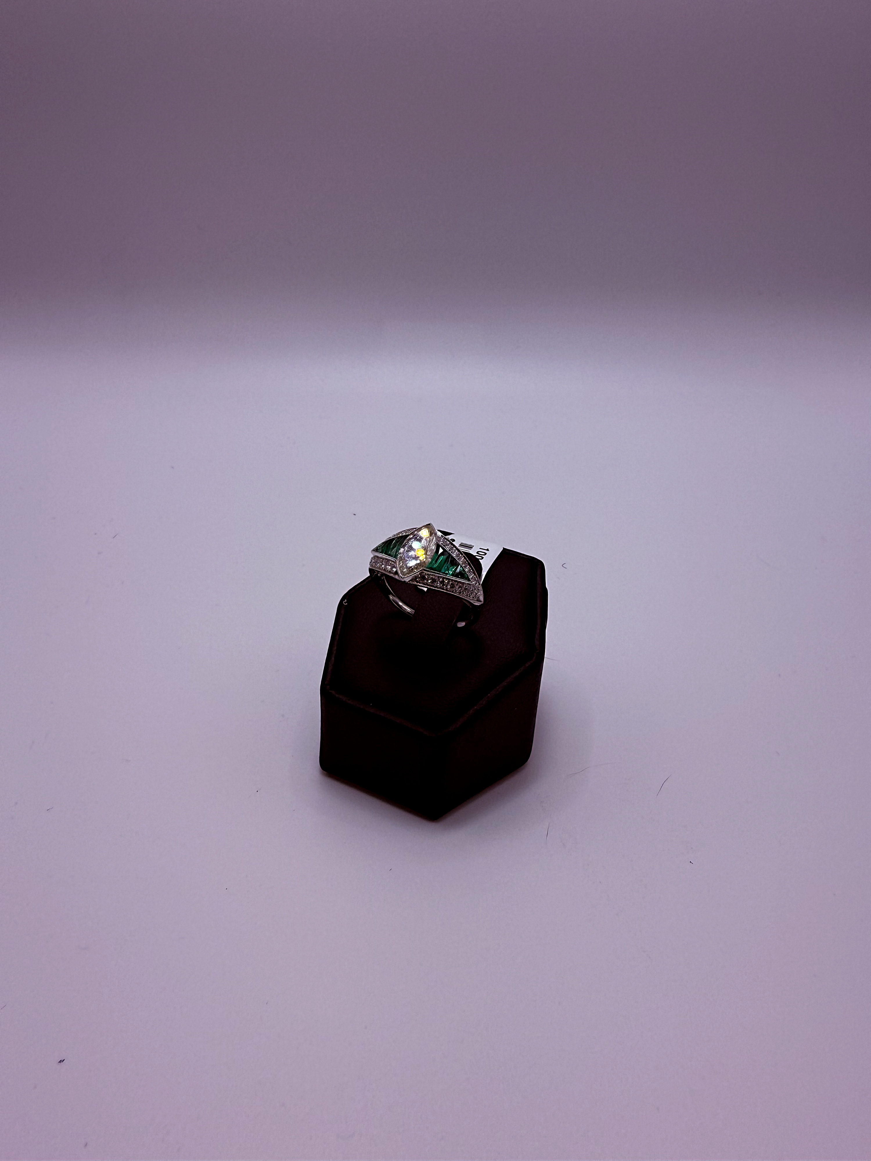 Handmade Platinum Art Deco Marquise Diamond & Emerald Cocktail Ring by Gianni Sechini – 1.24 CT Center Diamond + 0.91 CT Side Gems