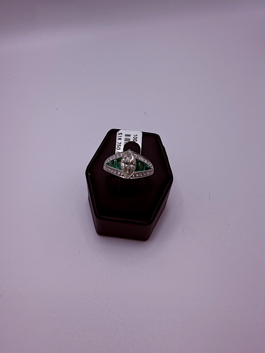 Handmade Platinum Art Deco Marquise Diamond & Emerald Cocktail Ring by Gianni Sechini – 1.24 CT Center Diamond + 0.91 CT Side Gems