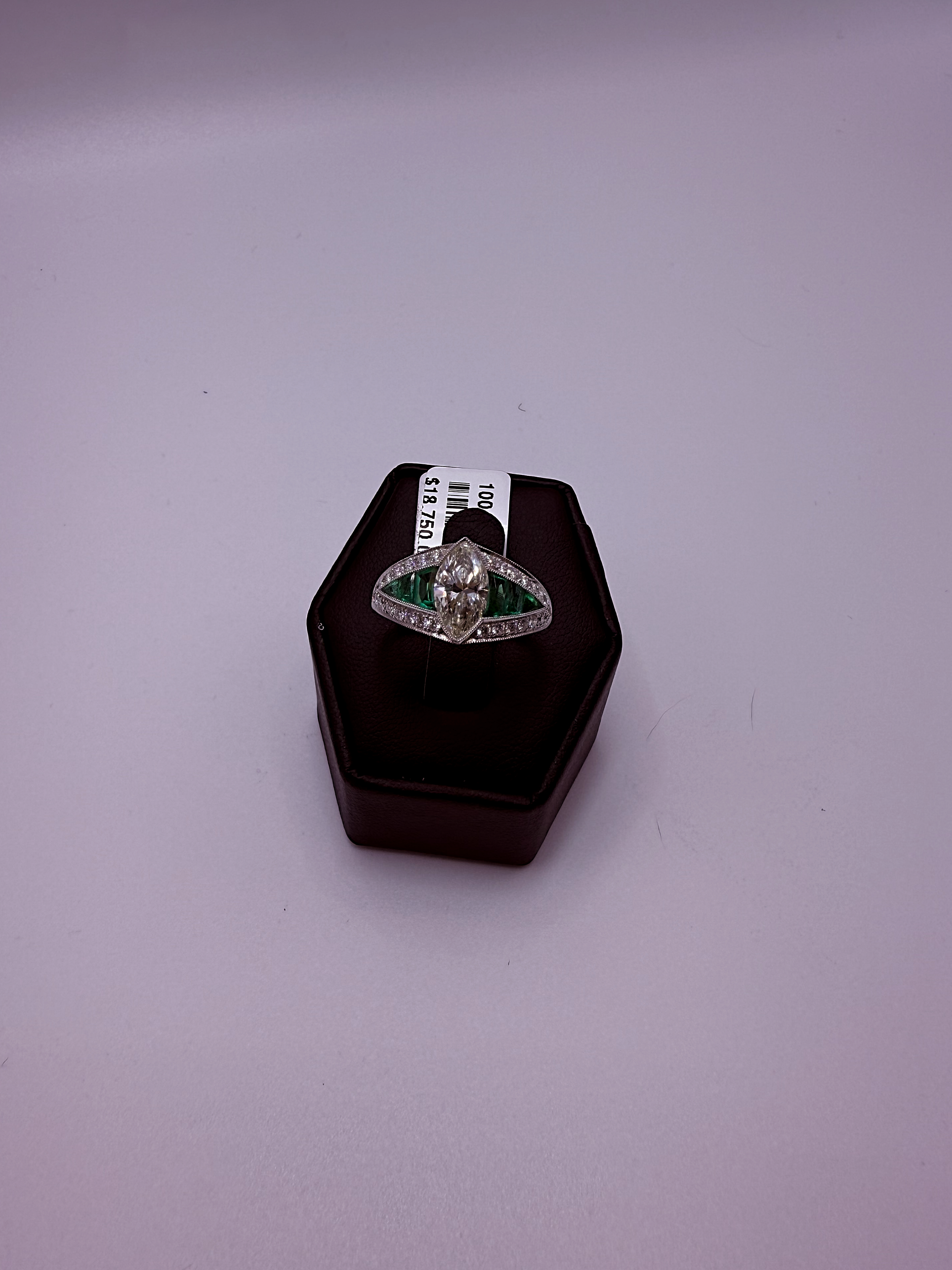 Handmade Platinum Art Deco Marquise Diamond & Emerald Cocktail Ring by Gianni Sechini – 1.24 CT Center Diamond + 0.91 CT Side Gems