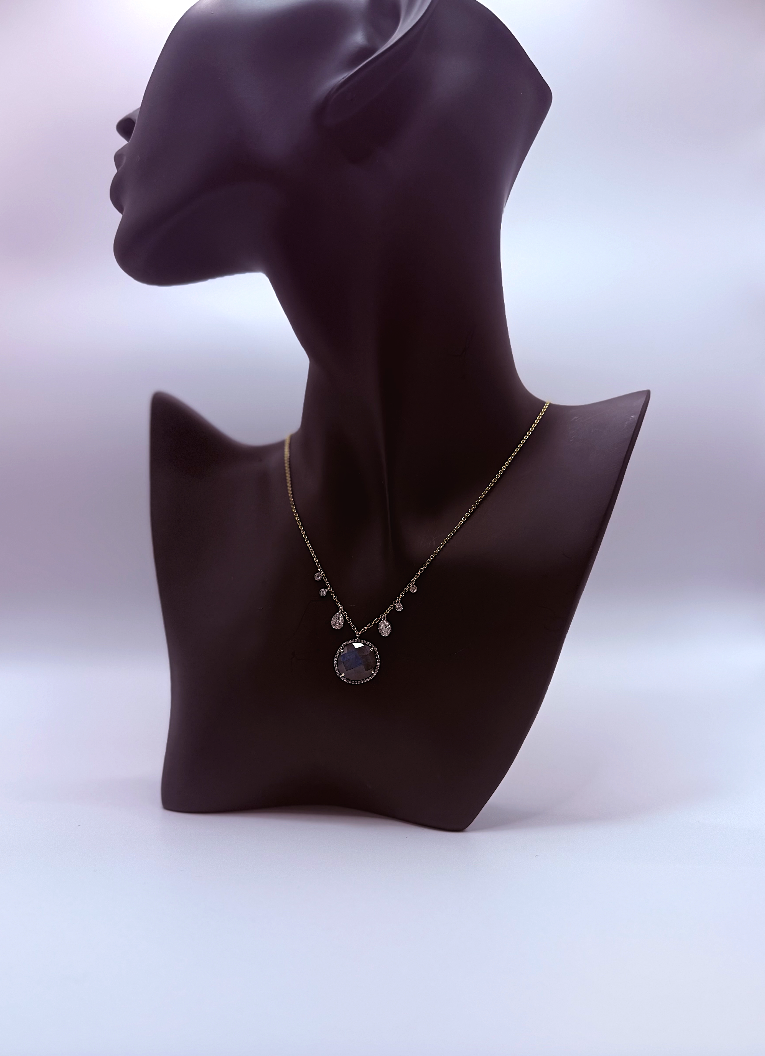 Handmade 14Kt Gold Labradorite & Diamond Pendant Necklace by Gianni Sechini – 5.4 CT Labradorite + 0.42 CT Diamonds