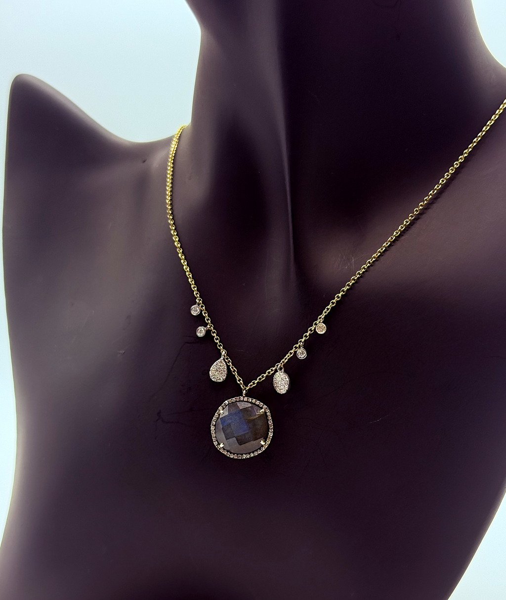 Handmade 14Kt Gold Labradorite & Diamond Pendant Necklace by Gianni Sechini – 5.4 CT Labradorite + 0.42 CT Diamonds