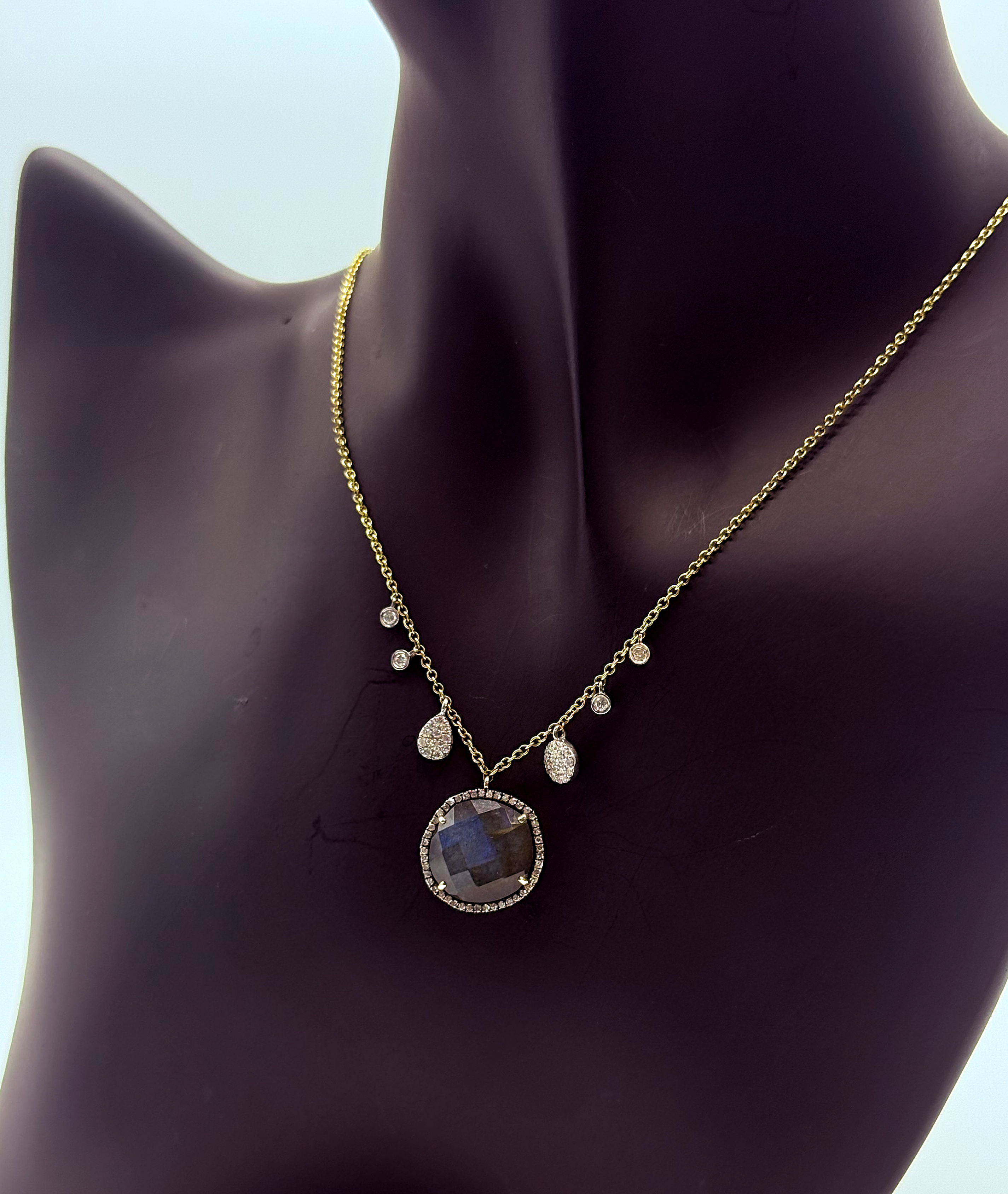 Handmade 14Kt Gold Labradorite & Diamond Pendant Necklace by Gianni Sechini – 5.4 CT Labradorite + 0.42 CT Diamonds
