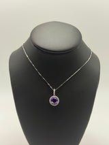 Amethyst & Diamond Halo Pendant Necklace in 18K White Gold by Gianni Sechini